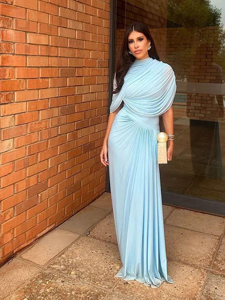 Elegant Irregular Blue Pleated Long Dress - Slim Fit Turtleneck Dress - Buy Center US