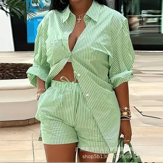 Mandylandy Women's Striped Two Piece Set - Casual Shirt & Shorts - Buy Center US