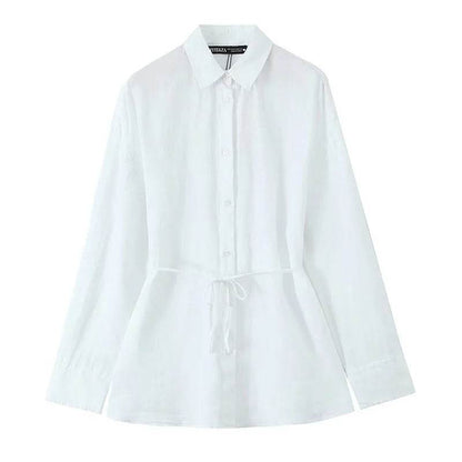 Women's Oversize Shirt with Belt - Casual Linen Blend, Long Sleeve - Buy Center US