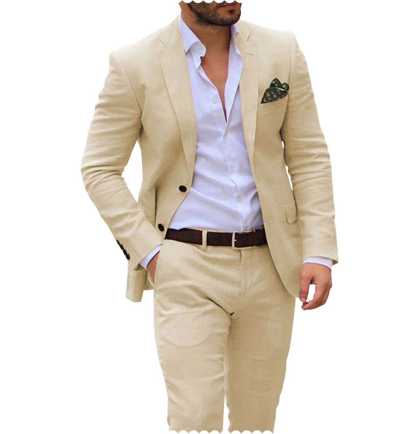 Men’s Linen Wedding Suit - 2 Piece Blazer & Pants for Groom, Custom Fit - Buy Center US