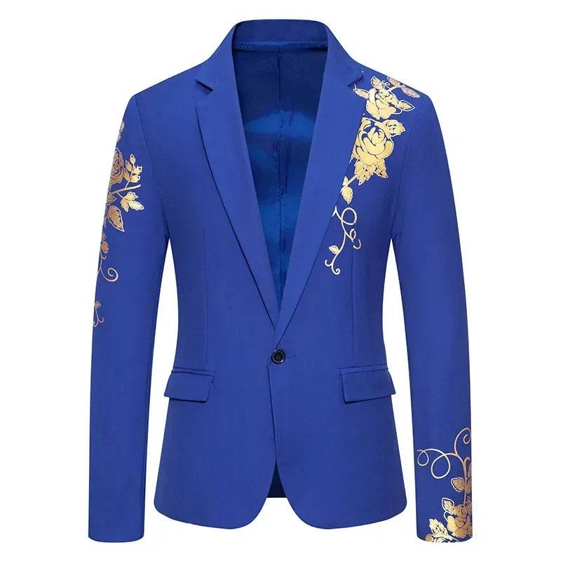 Stylish Men's Wedding Blazer - Black/White/Royal Blue Rose Print - Buy Center US