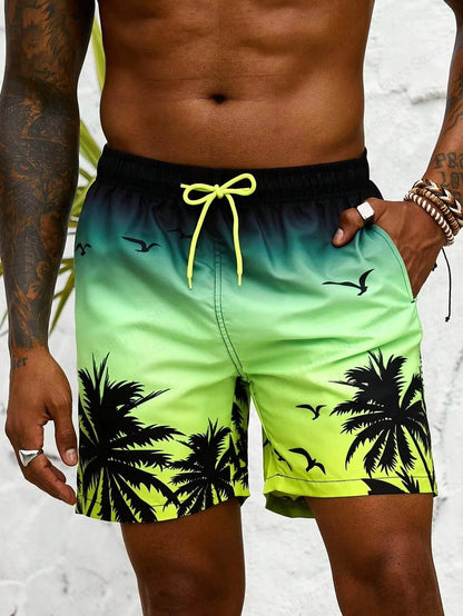 Men's Summer Board Shorts - 3D Palm Tree Print with Drawstring - Buy Center US
