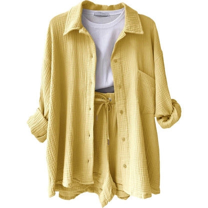 Women's Summer Shorts Set - White Casual Outfit with Long Shirt - Buy Center US