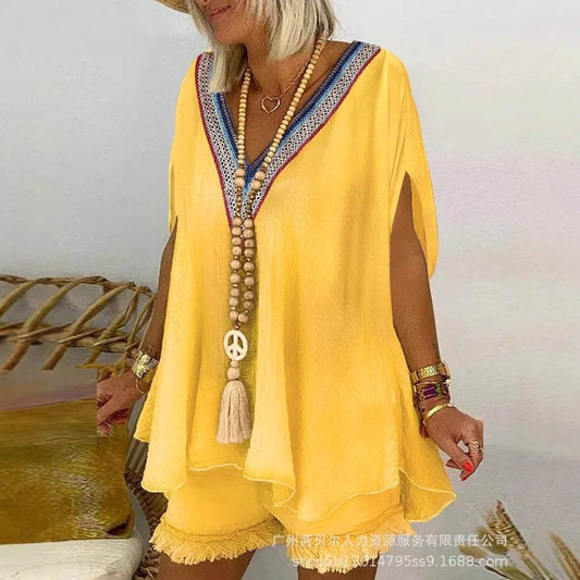 Kalenmos Women's V-Neck Casual Shorts Set - Elegant Y2K Summer Style - Buy Center US