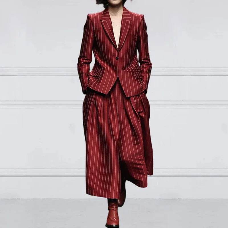 Beautyblue Women's Vintage Blazer Set - Striped Loose Wide Leg Trousers - Buy Center US