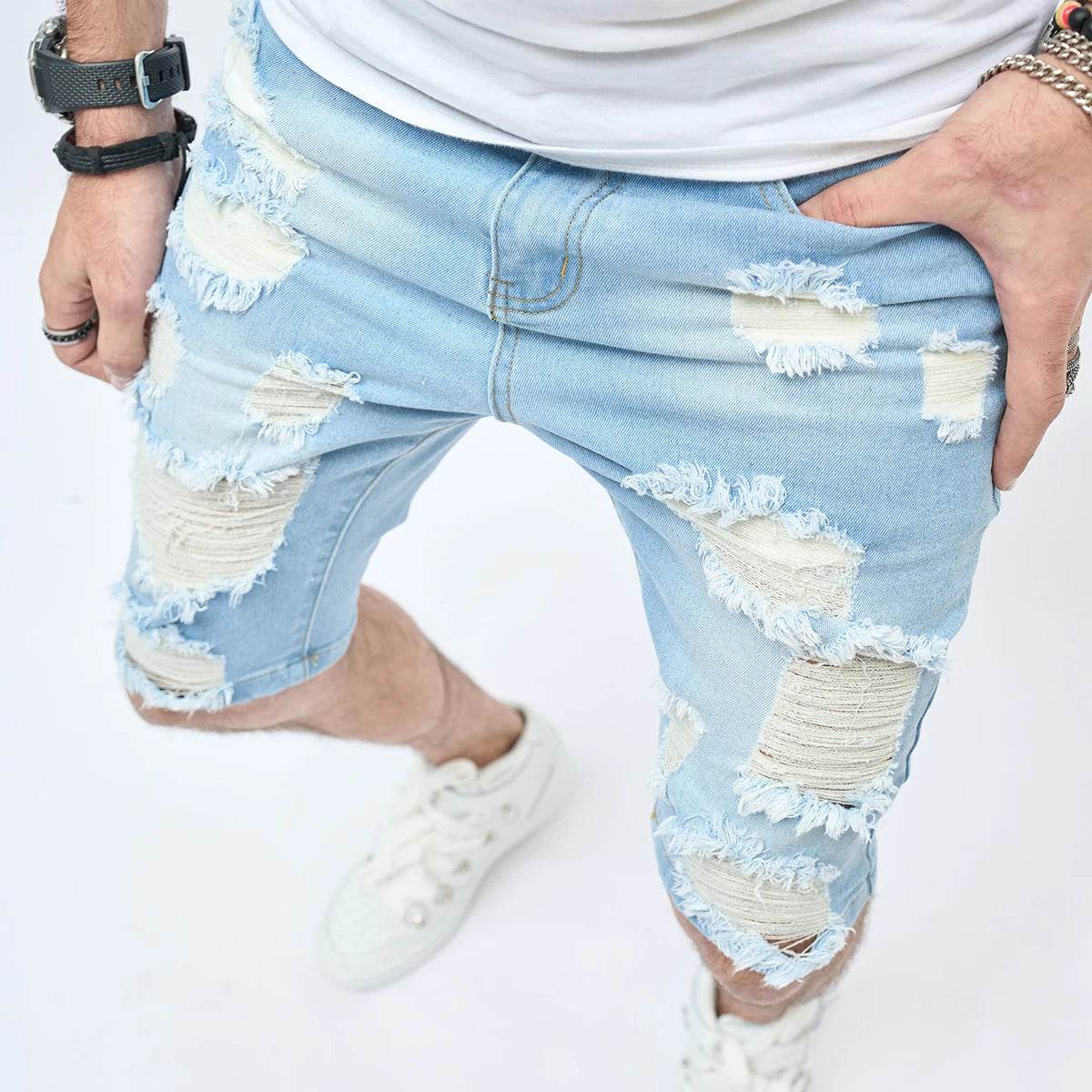 AHUDNU Men's Summer Ripped Denim Shorts - Slim Fit Light Blue Style - Buy Center US