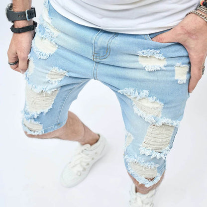 AHUDNU Men's Summer Ripped Denim Shorts - Slim Fit Light Blue Style - Buy Center US