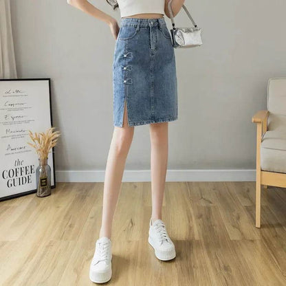 Kawaii Women's Denim Midi Skirt - Elegant A-Line Casual Style - Buy Center US