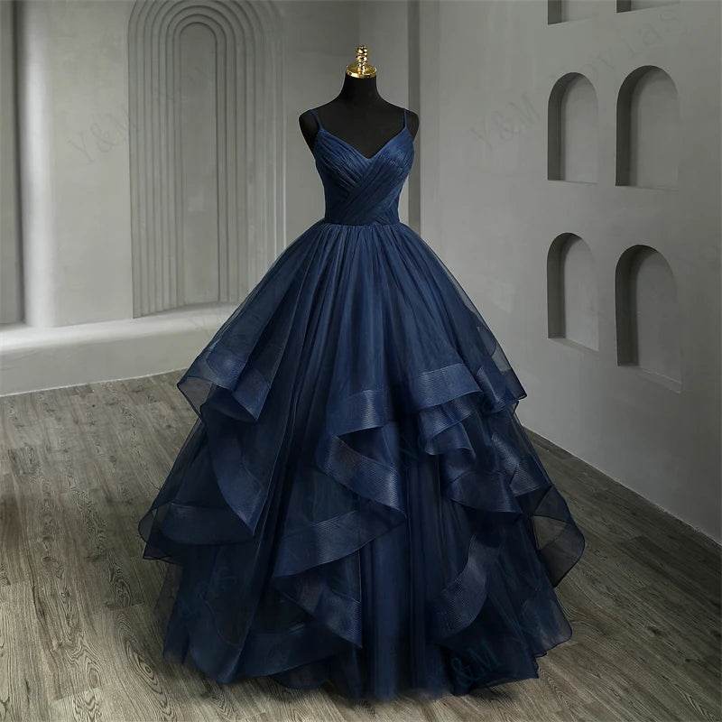 Y&M NOVIAS Navy Blue Quinceanera Dress - Ruffled V-Neck Gown - Buy Center US