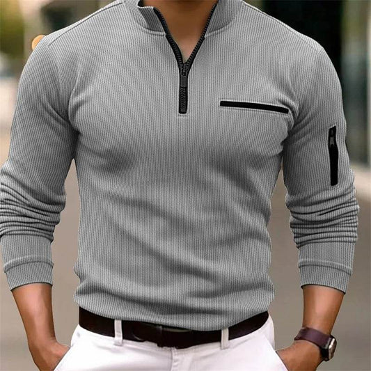 Striped Zipper Polo Shirt for Men – Casual Long Sleeve Office & Leisure - Buy Center US