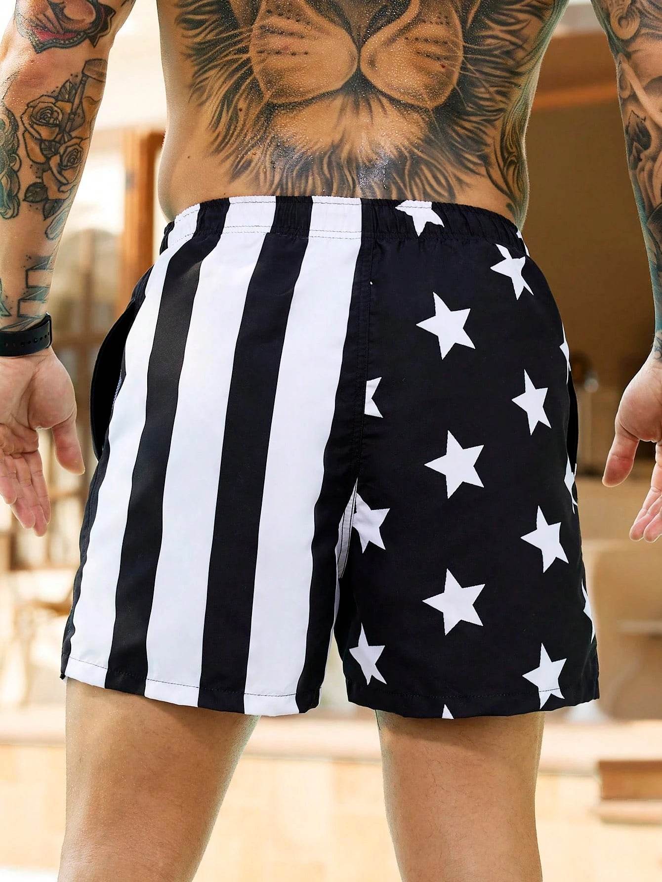 Men's Colorblock Drawstring Waist Beach Shorts - American Flag Print - Buy Center US