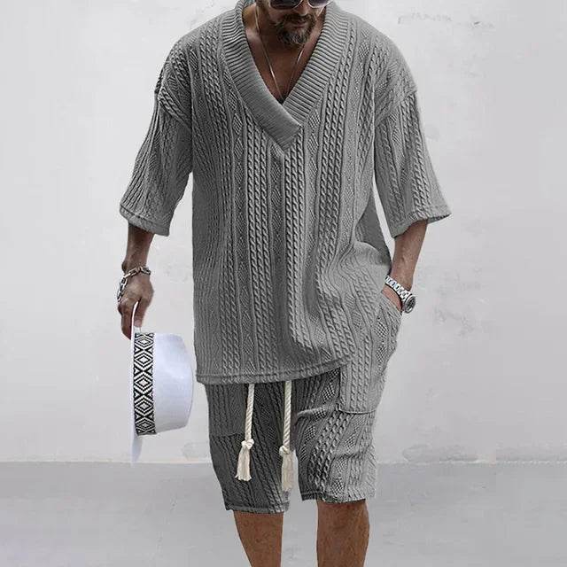 2024 Summer Casual Men's Knit Shorts Set - V-Neck Tee & Drawstring Shorts - Buy Center US