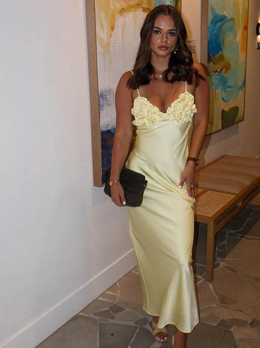 Yellow V-Neck Satin Dress - Sleeveless Backless Women’s Party Wear - Buy Center US