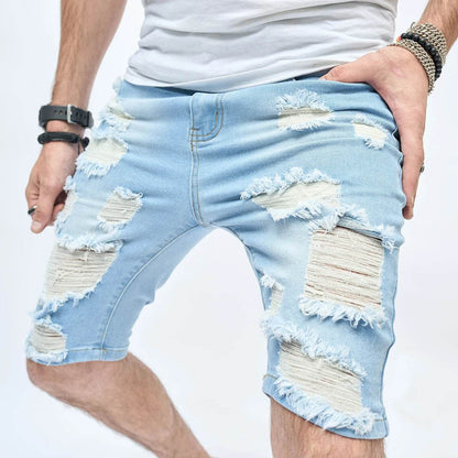 AHUDNU Men's Summer Ripped Denim Shorts - Slim Fit Light Blue Style - Buy Center US