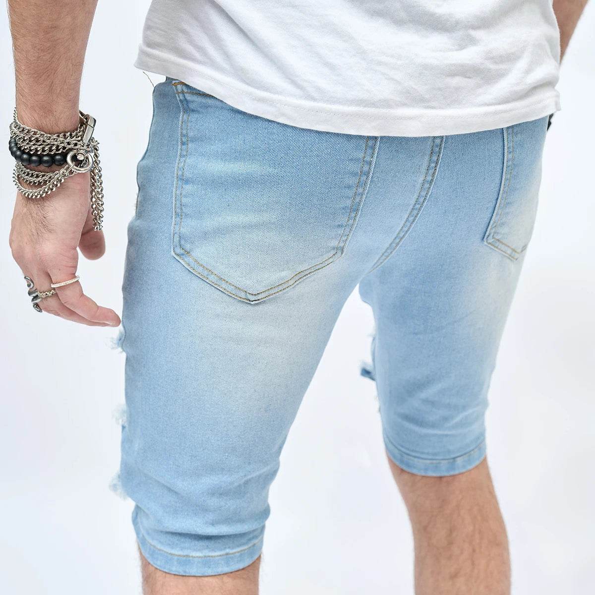 AHUDNU Men's Summer Ripped Denim Shorts - Slim Fit Light Blue Style - Buy Center US
