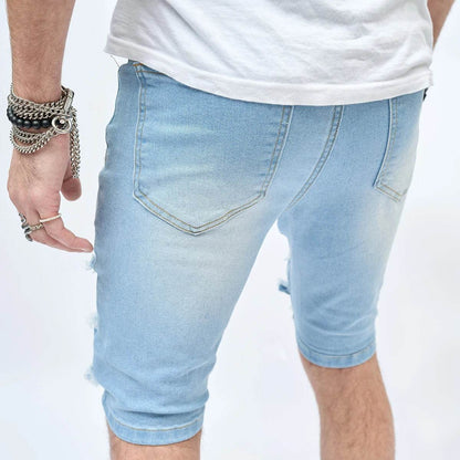 AHUDNU Men's Summer Ripped Denim Shorts - Slim Fit Light Blue Style - Buy Center US