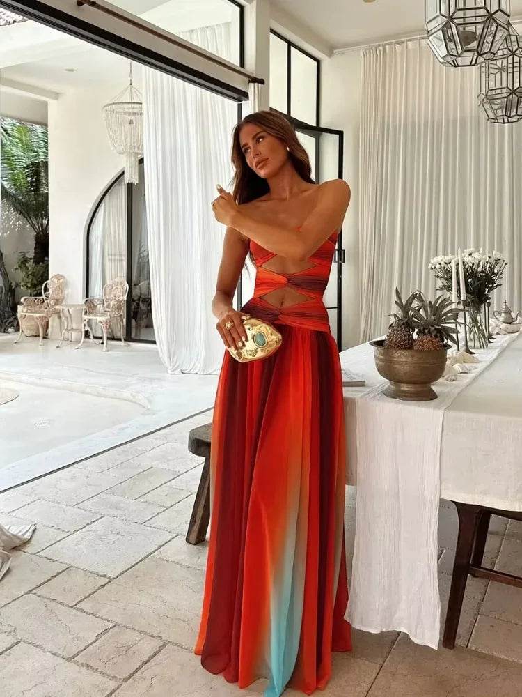Beainmmry Colorful Print Beach Dress - Strapless Pleated Maxi Style - Buy Center US