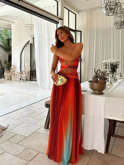 Beainmmry Colorful Print Beach Dress - Strapless Pleated Maxi Style - Buy Center US