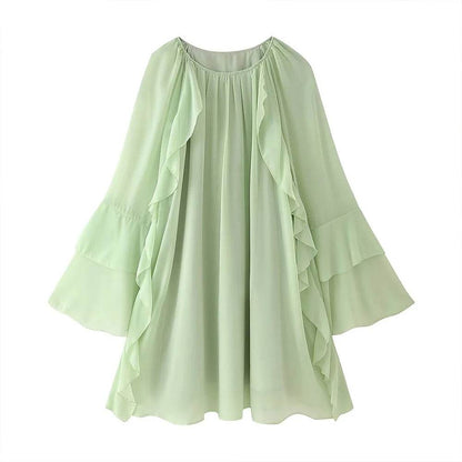 PB&ZA Women’s Frill Round Neck Dress - Fresh Green, Loose Fit Style - Buy Center US