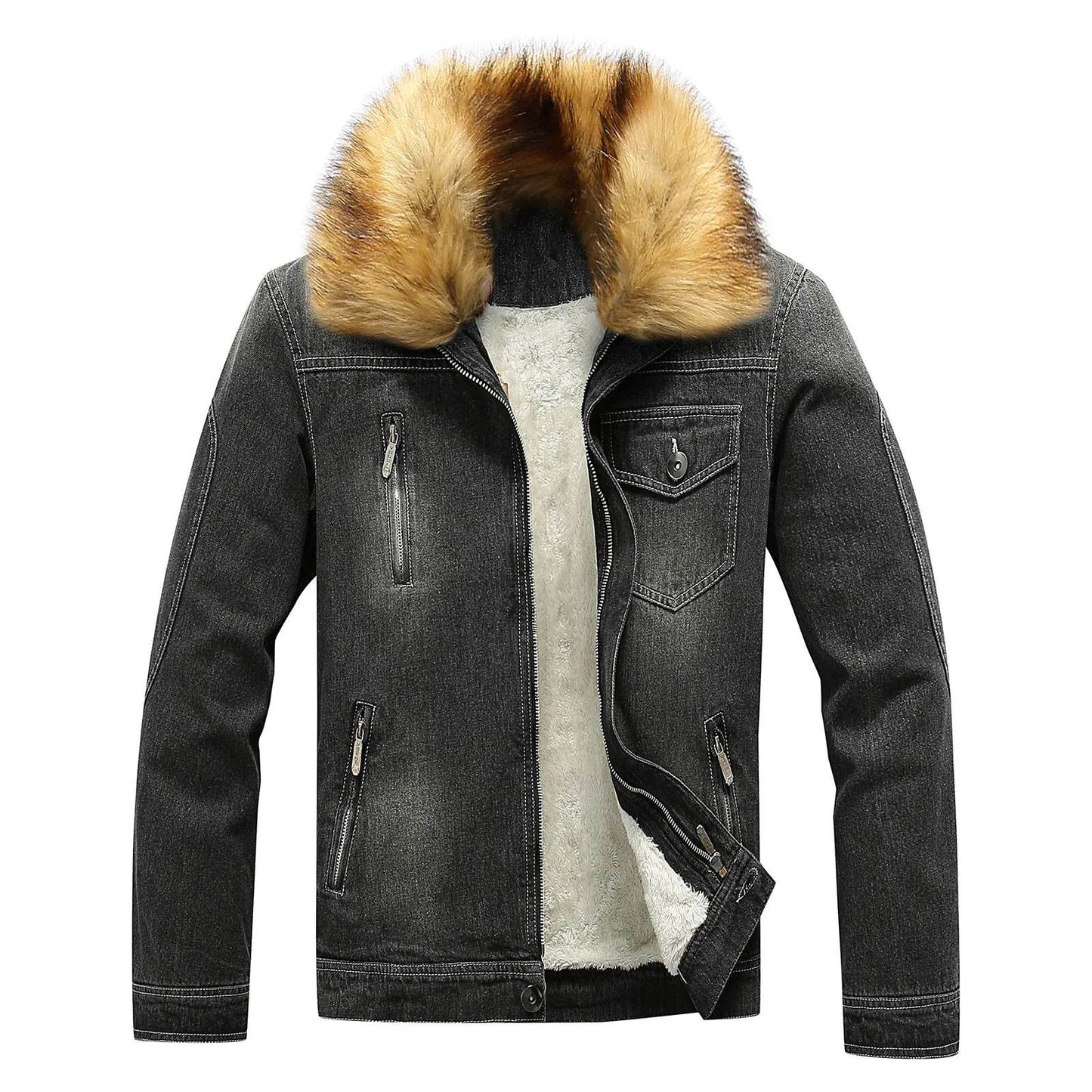 Men's Winter Fleece Lined Fur Collar Jean Jacket - Warm Denim Outerwear - Buy Center US