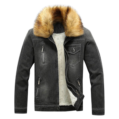 Men's Winter Fleece Lined Fur Collar Jean Jacket - Warm Denim Outerwear - Buy Center US