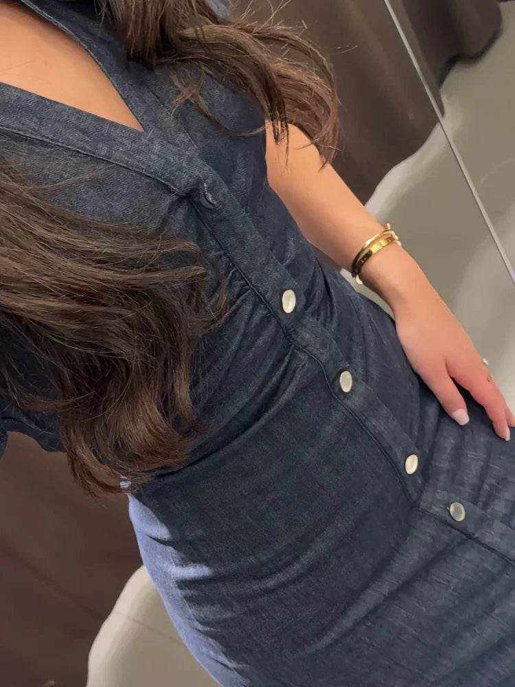 Beainmmry Elegant Denim Dress - Short Sleeve, Slim Fit for Women - Buy Center US