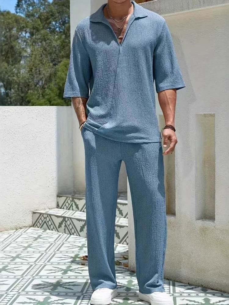 Men's Retro Casual Suit - Solid V-Neck Shirt & Drawstring Pants Set - Buy Center US