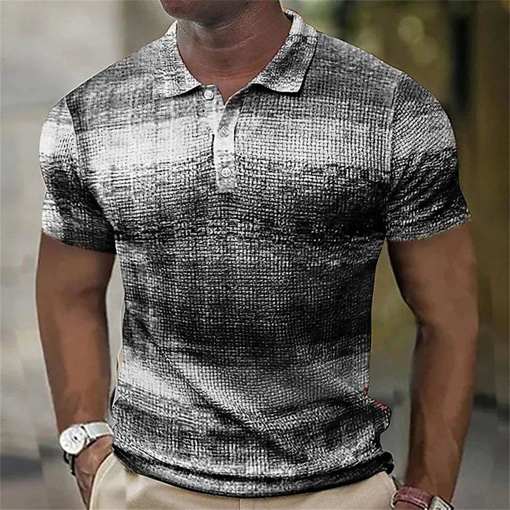 Vintage Men's Casual Polo Shirt - 3D Stripe Print, Loose Fit, Soft Tee - Buy Center US