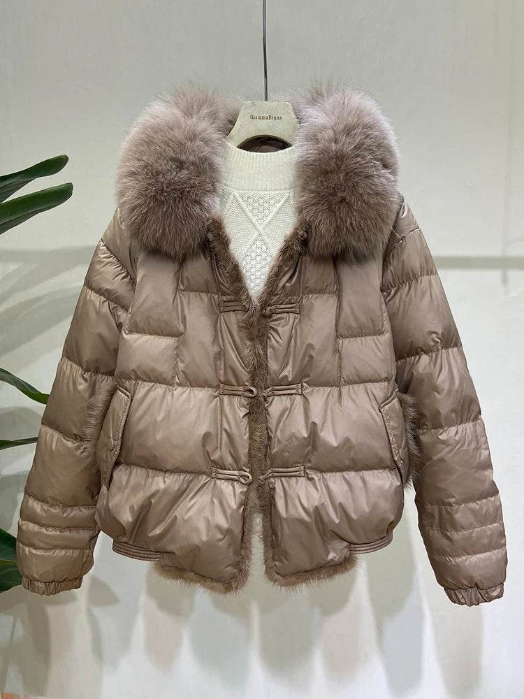 Women's Mink Short Down Jacket - Fox Fur Collar, Winter Coat - Buy Center US