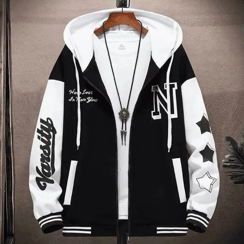 Trendy Letter Print Hooded Jacket - Men's Loose Fit Color Blocking Cardigan - Buy Center US