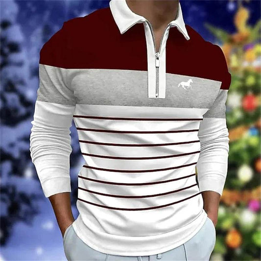 Men's Casual Long Sleeve Polo Shirt - Quick Drying with Zipper, Striped - Buy Center US