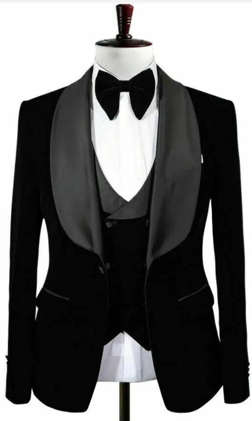Kromoc Men's 3-Piece Velvet Suit - Black Jacket, Vest & Pants Set - Buy Center US