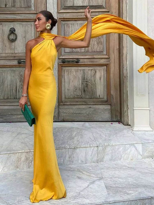 HTTEM Elegant Off Shoulder Halter Dress - Summer Slim Maxi Style - Buy Center US