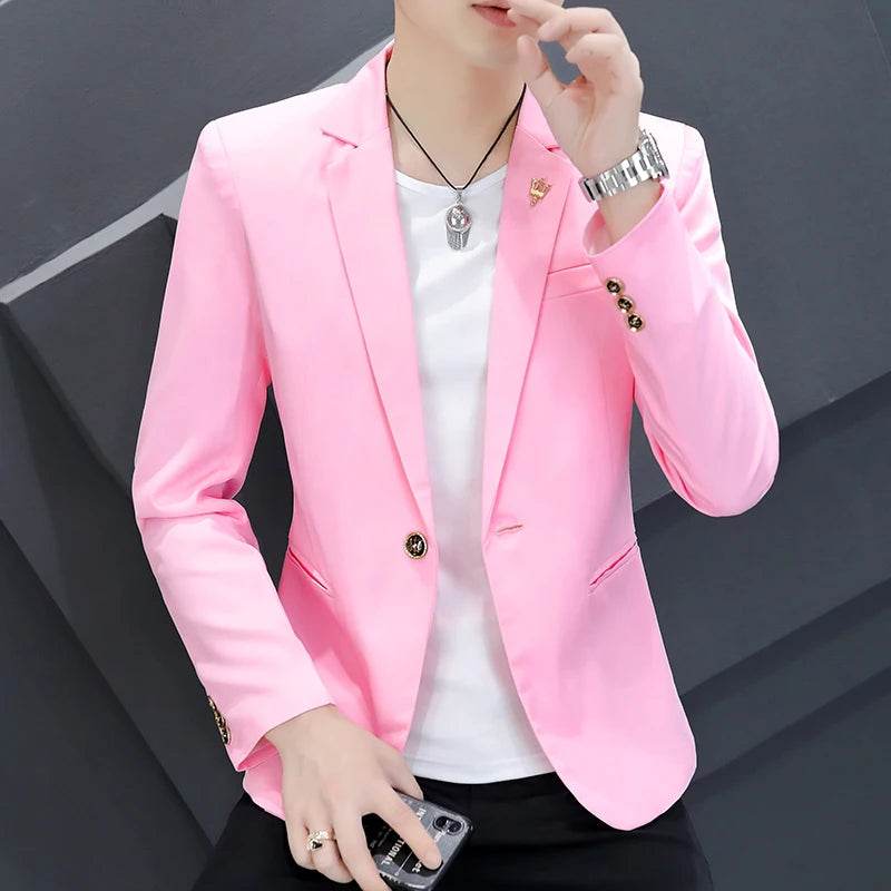 Trendy Men's Korean Slim Fit Pink Suit - Casual Coat for Spring & Autumn - Buy Center US