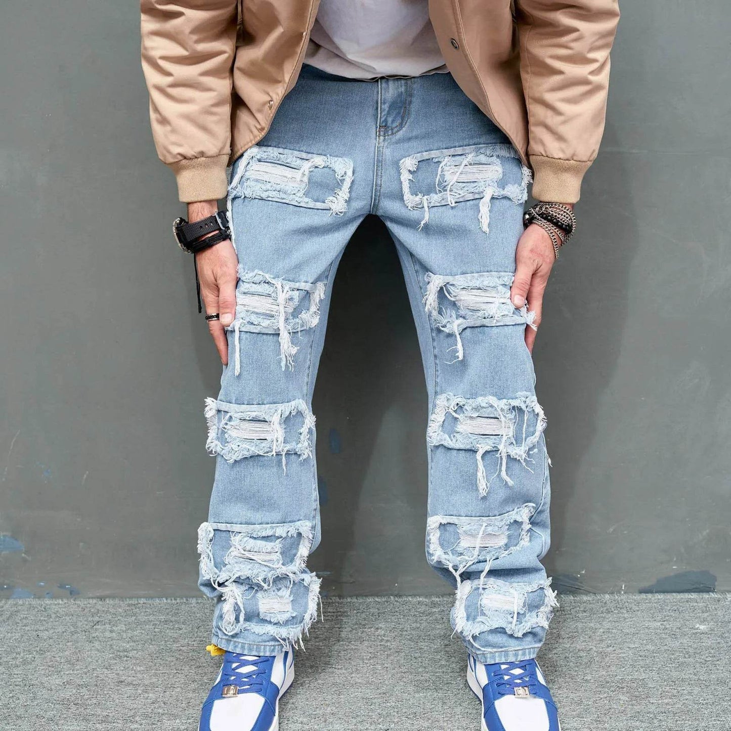Hip Hop Men's Distressed Denim Jeans - Straight Pocket Trouser Style - Buy Center US