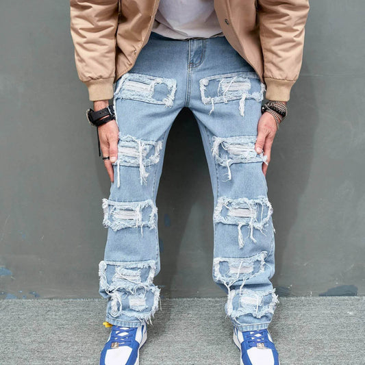 Hip Hop Men's Distressed Denim Jeans - Straight Pocket Trouser Style - Buy Center US