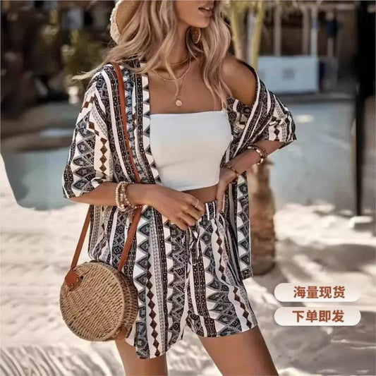 Women's Summer Loose Fit Cardigan and Shorts Two-Piece Set - Buy Center US