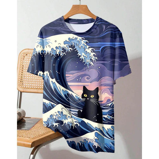 Ukiyo-e Sea Wave Cat T-Shirt - 3D Print Japanese Samurai Graphic Tee - Buy Center US