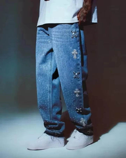 BiggOrange Y2K Rhinestone Jeans - Vintage Hip Hop Wide Leg Trousers - Buy Center US