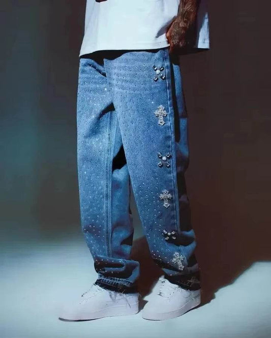 BiggOrange Y2K Rhinestone Jeans - Vintage Hip Hop Wide Leg Trousers - Buy Center US