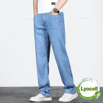 2024 Men’s Light Blue Loose Straight Jeans - Elastic Denim Casual Pants - Buy Center US
