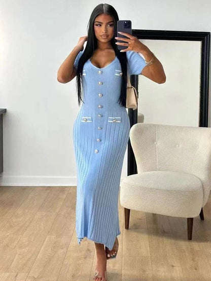 Elegant Office Lady Knitted Dress - Short Sleeve V-Neck Style - Buy Center US