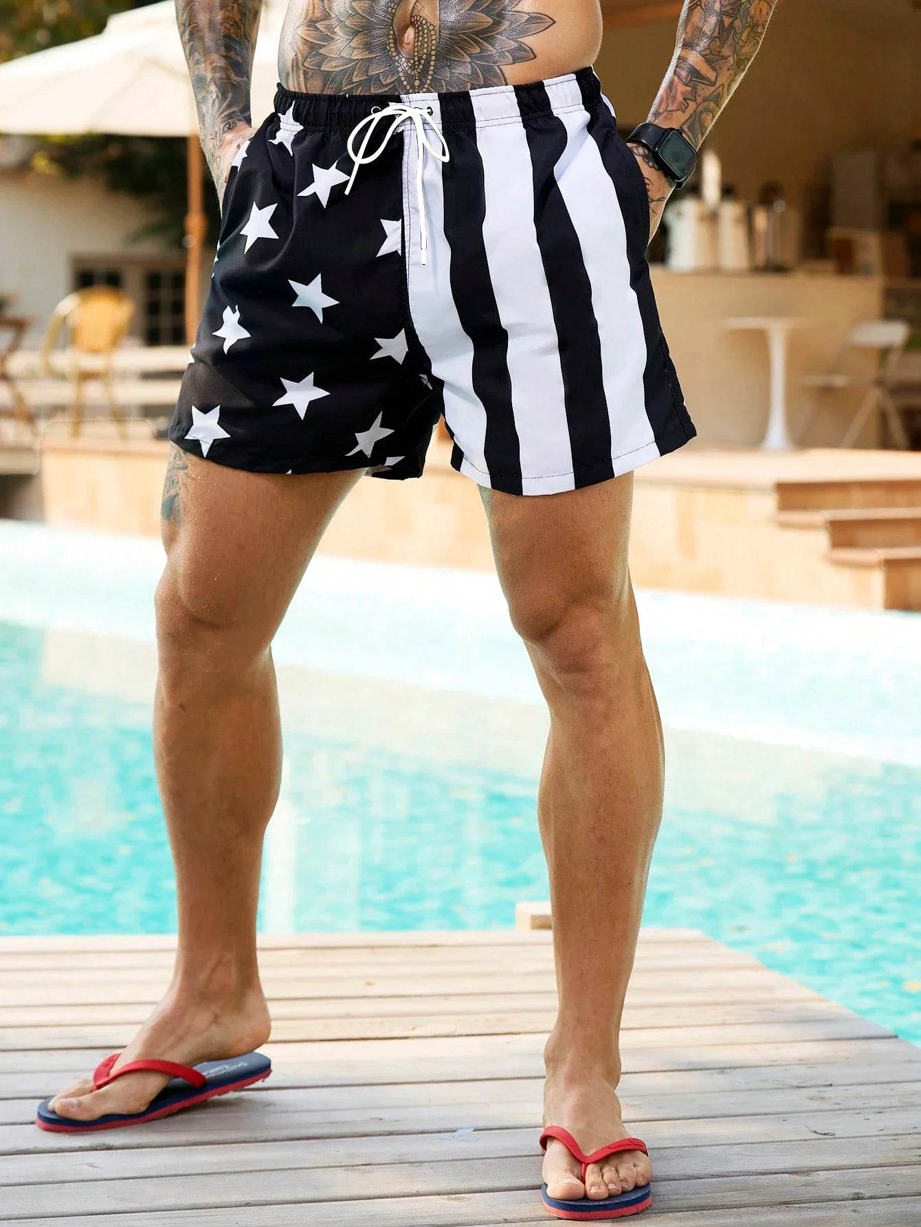 Men's Colorblock Drawstring Waist Beach Shorts - American Flag Print - Buy Center US
