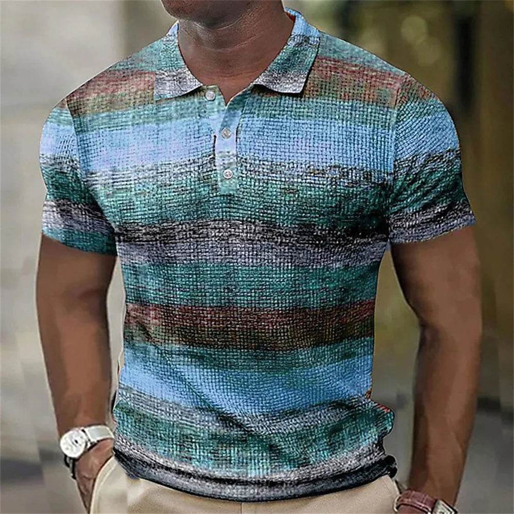 Vintage Men's Casual Polo Shirt - 3D Stripe Print, Loose Fit, Soft Tee - Buy Center US