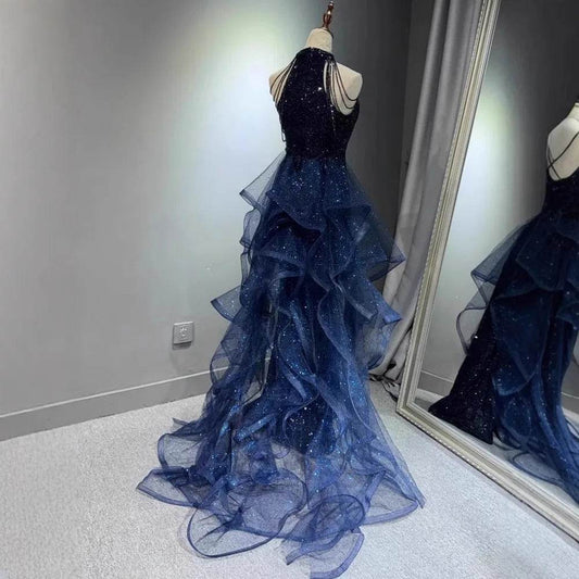 Jeheth Elegant Navy Blue Evening Dress - Customized Sweep Train Gown - Buy Center US