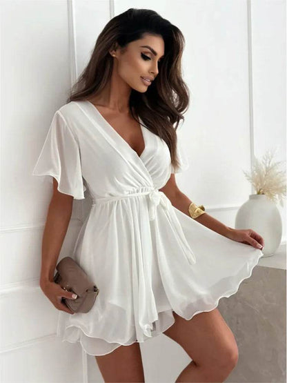 Summer V-Neck Mini Dress - Ruffled Hem Casual Women's Fashion - Buy Center US