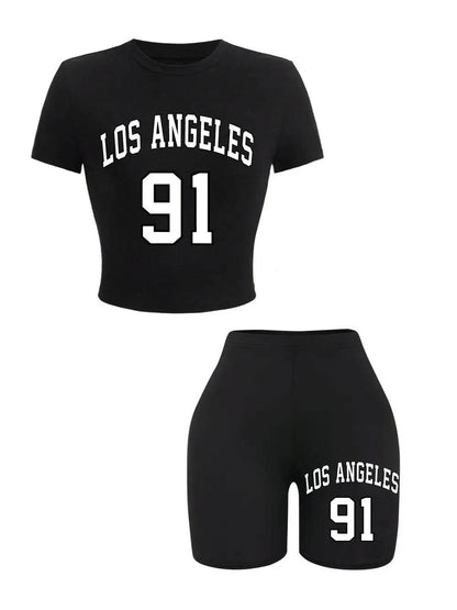 Teekossc Women's Slim Crop T-Shirt & Shorts Set - NYC Art Print - Buy Center US