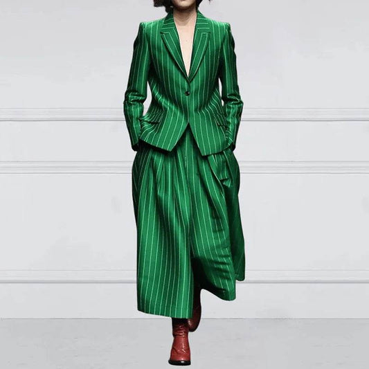 Beautyblue Women's Vintage Blazer Set - Striped Loose Wide Leg Trousers - Buy Center US