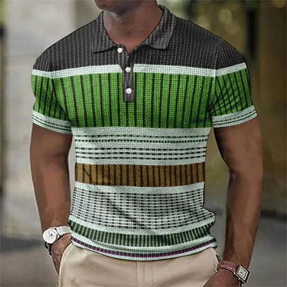 Vintage Men's Casual Polo Shirt - 3D Stripe Print, Loose Fit, Soft Tee - Buy Center US