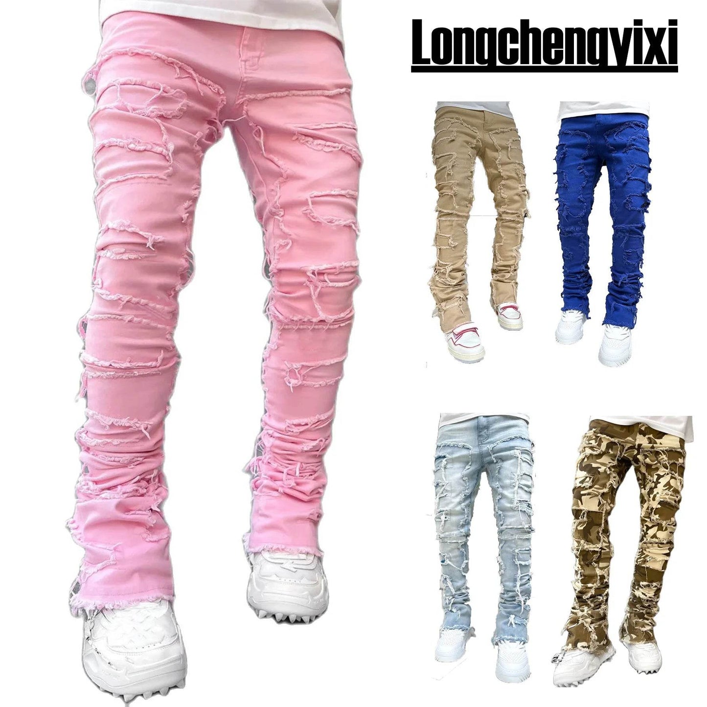 Men's Ripped Slim Fit Stacked Jeans - Distressed Casual Denim Pants - Buy Center US
